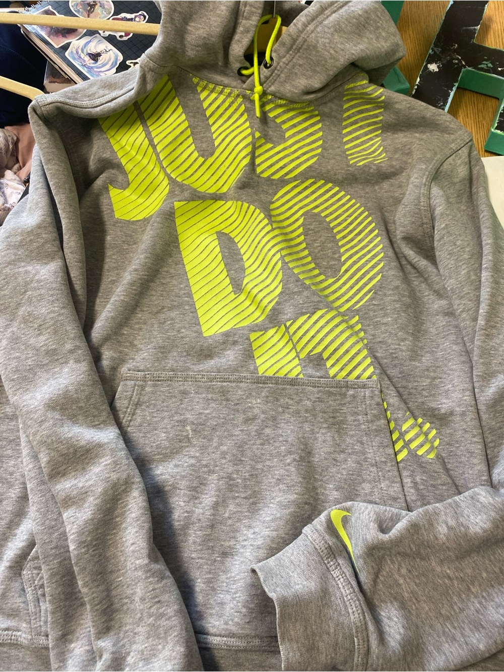 Nike Grey Hoodie with Neon Yellow Drawstrings